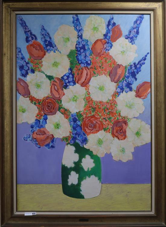 Alexander Beattie, oil on canvas, still life of flowers in a vase, 129 x 88cm